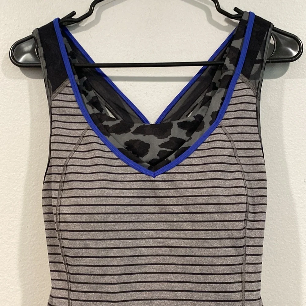Lululemon Gray and Black Striped Tank Top with Cheetah Print Built-in Bra
